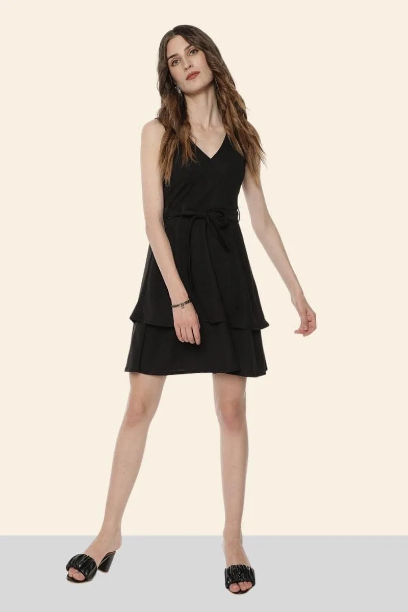 Cute Dresses for Women V Neck Faux Wrap Casual Summer Flowy Fit and Flare Mini Belted Waist Solid Ruffle Tank Dress