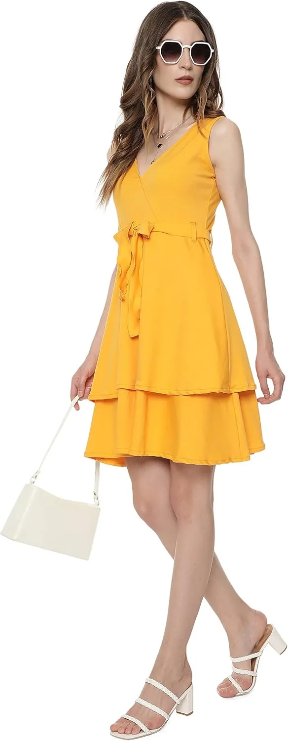 Cute Dresses for Women V Neck Faux Wrap Casual Summer Flowy Fit and Flare Mini Belted Waist Solid Ruffle Tank Dress