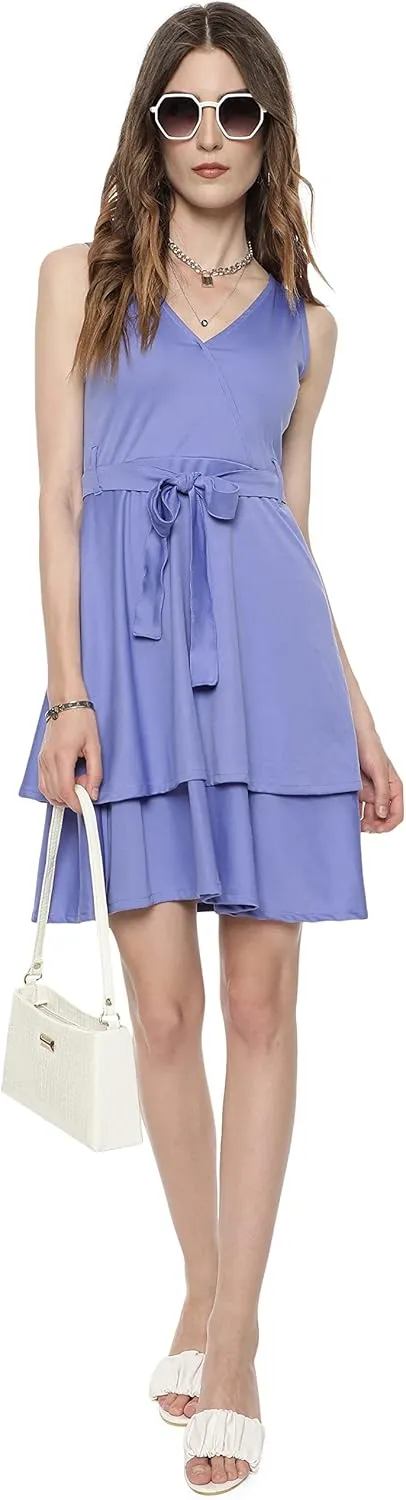 Cute Dresses for Women V Neck Faux Wrap Casual Summer Flowy Fit and Flare Mini Belted Waist Solid Ruffle Tank Dress