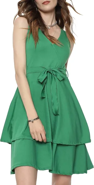 Cute Dresses for Women V Neck Faux Wrap Casual Summer Flowy Fit and Flare Mini Belted Waist Solid Ruffle Tank Dress