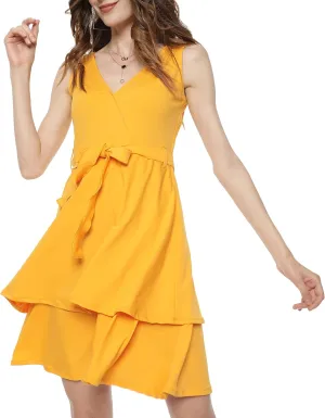 Cute Dresses for Women V Neck Faux Wrap Casual Summer Flowy Fit and Flare Mini Belted Waist Solid Ruffle Tank Dress