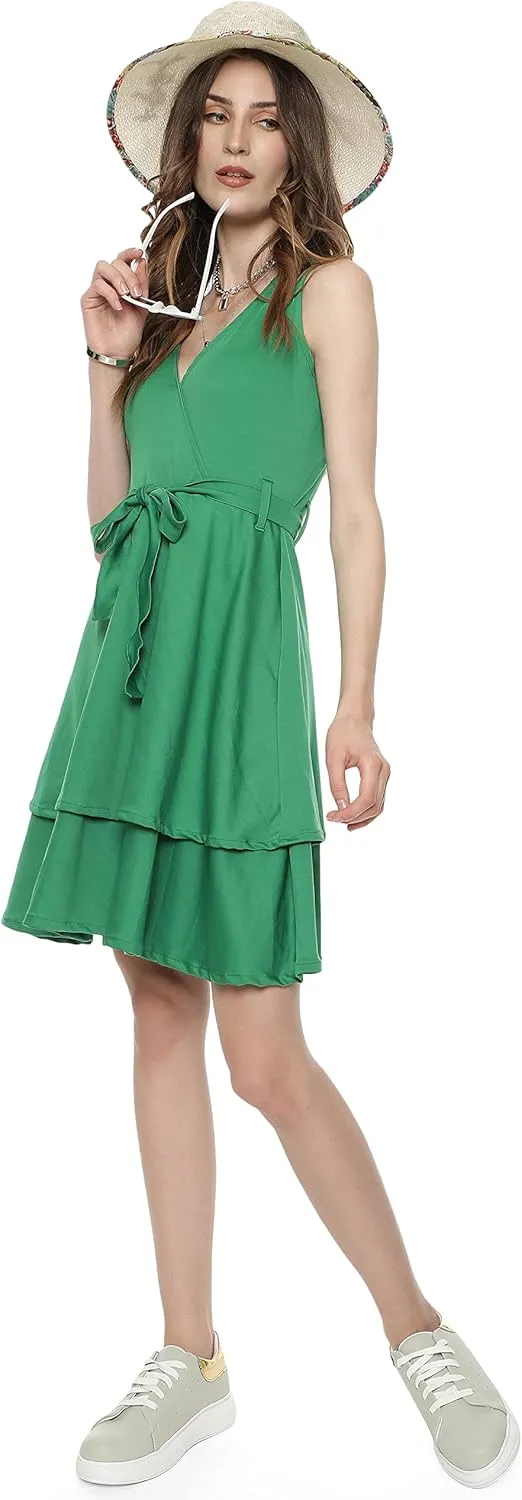 Cute Dresses for Women V Neck Faux Wrap Casual Summer Flowy Fit and Flare Mini Belted Waist Solid Ruffle Tank Dress