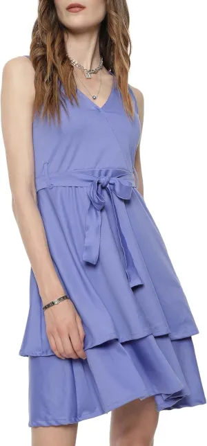 Cute Dresses for Women V Neck Faux Wrap Casual Summer Flowy Fit and Flare Mini Belted Waist Solid Ruffle Tank Dress