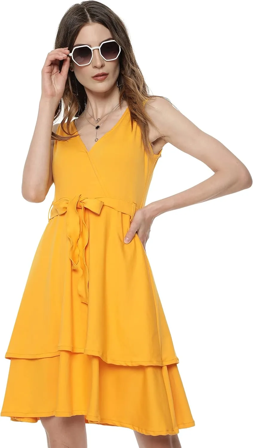 Cute Dresses for Women V Neck Faux Wrap Casual Summer Flowy Fit and Flare Mini Belted Waist Solid Ruffle Tank Dress