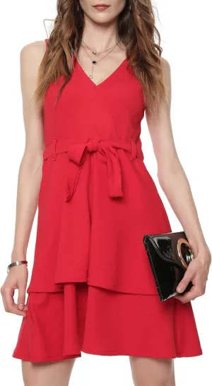 Cute Dresses for Women V Neck Faux Wrap Casual Summer Flowy Fit and Flare Mini Belted Waist Solid Ruffle Tank Dress