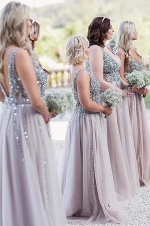deep v neck western country bridesmaid dresses long beaded tulle elegant cheap wedding guest dress