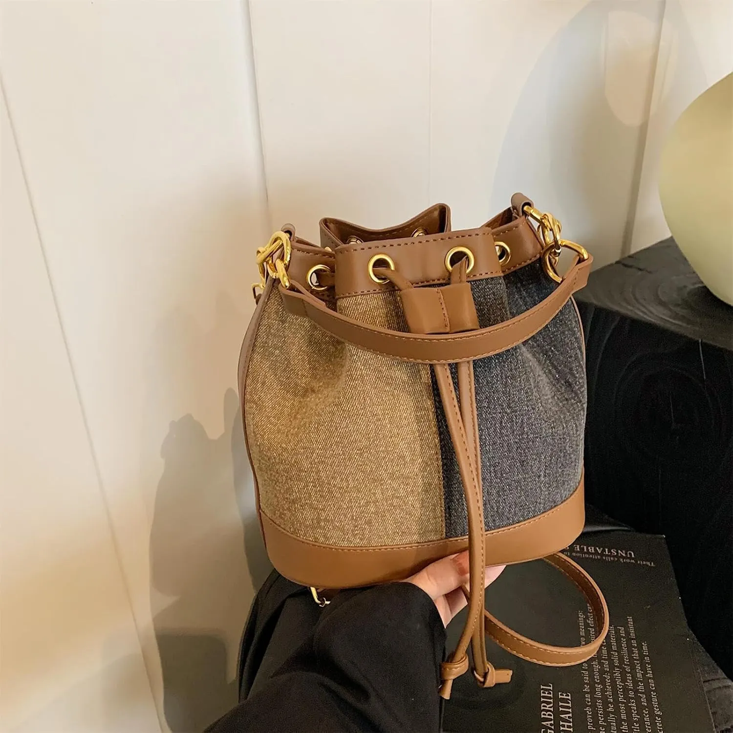 Denim Bucket Bag for Women Handbag Trendy Jean Purse Drawstring Crossbody Shoulder Bag