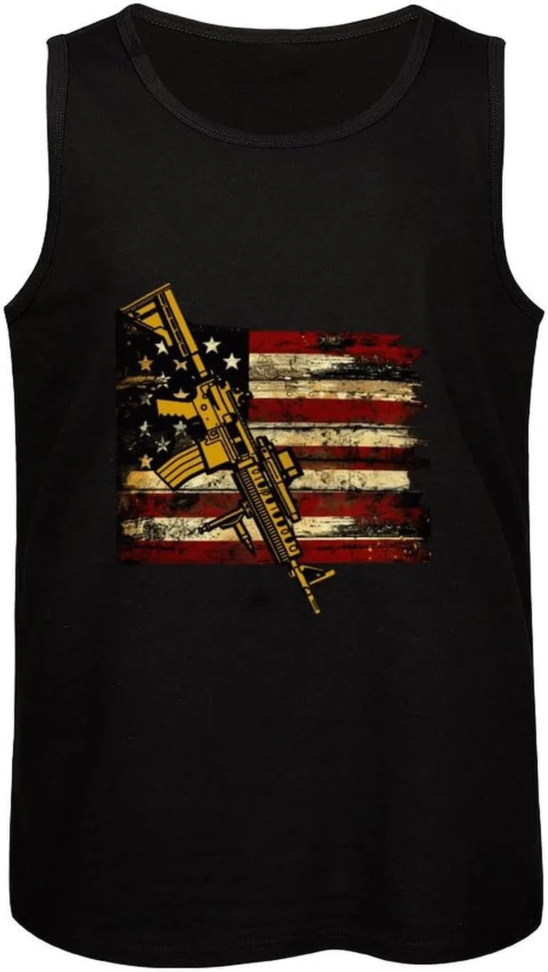 Distressed U.S Flag Gun-s Mens Tank Top Cotton Undershirt Crewneck Sleeveless Shirt for Summer