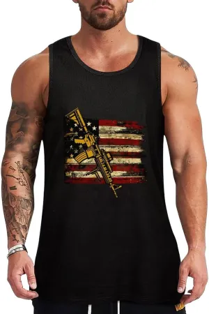 Distressed U.S Flag Gun-s Mens Tank Top Cotton Undershirt Crewneck Sleeveless Shirt for Summer