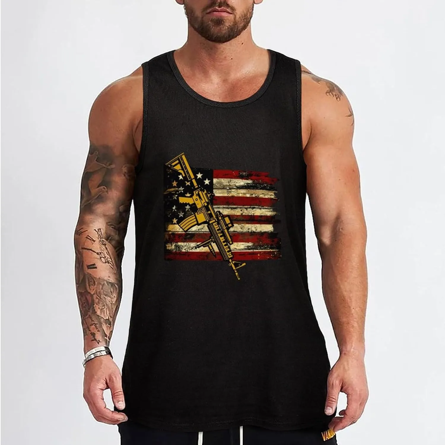 Distressed U.S Flag Gun-s Mens Tank Top Cotton Undershirt Crewneck Sleeveless Shirt for Summer