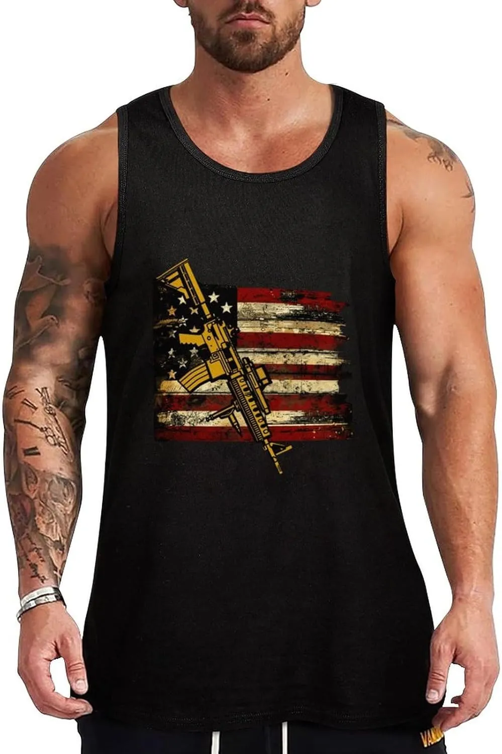 Distressed U.S Flag Gun-s Mens Tank Top Cotton Undershirt Crewneck Sleeveless Shirt for Summer