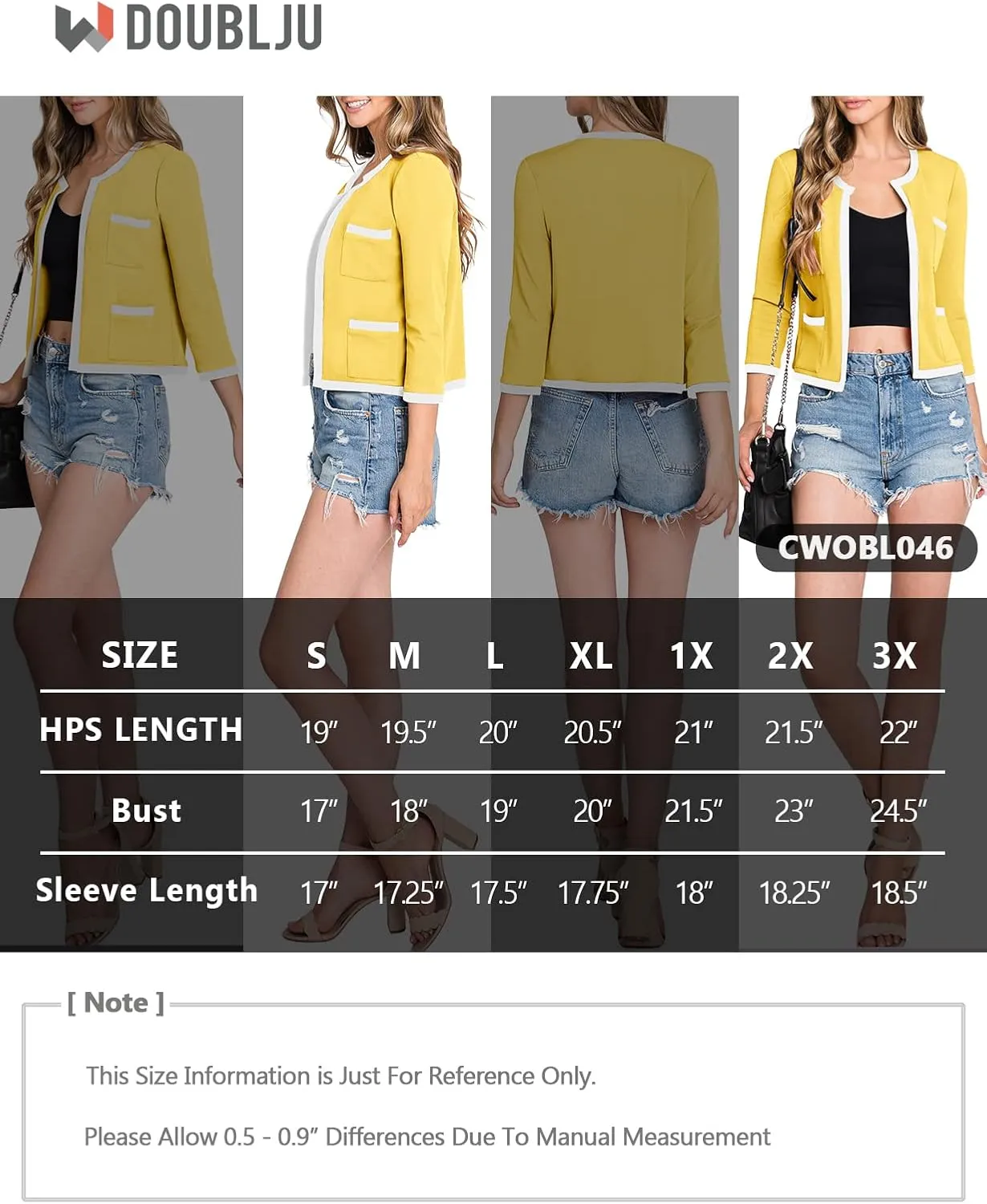 DOUBLJU Casual Open Front Crop Blazers 3/4 Sleeve Round Neck Formal Cropped Jackets for Womens with Plus Size Business Work