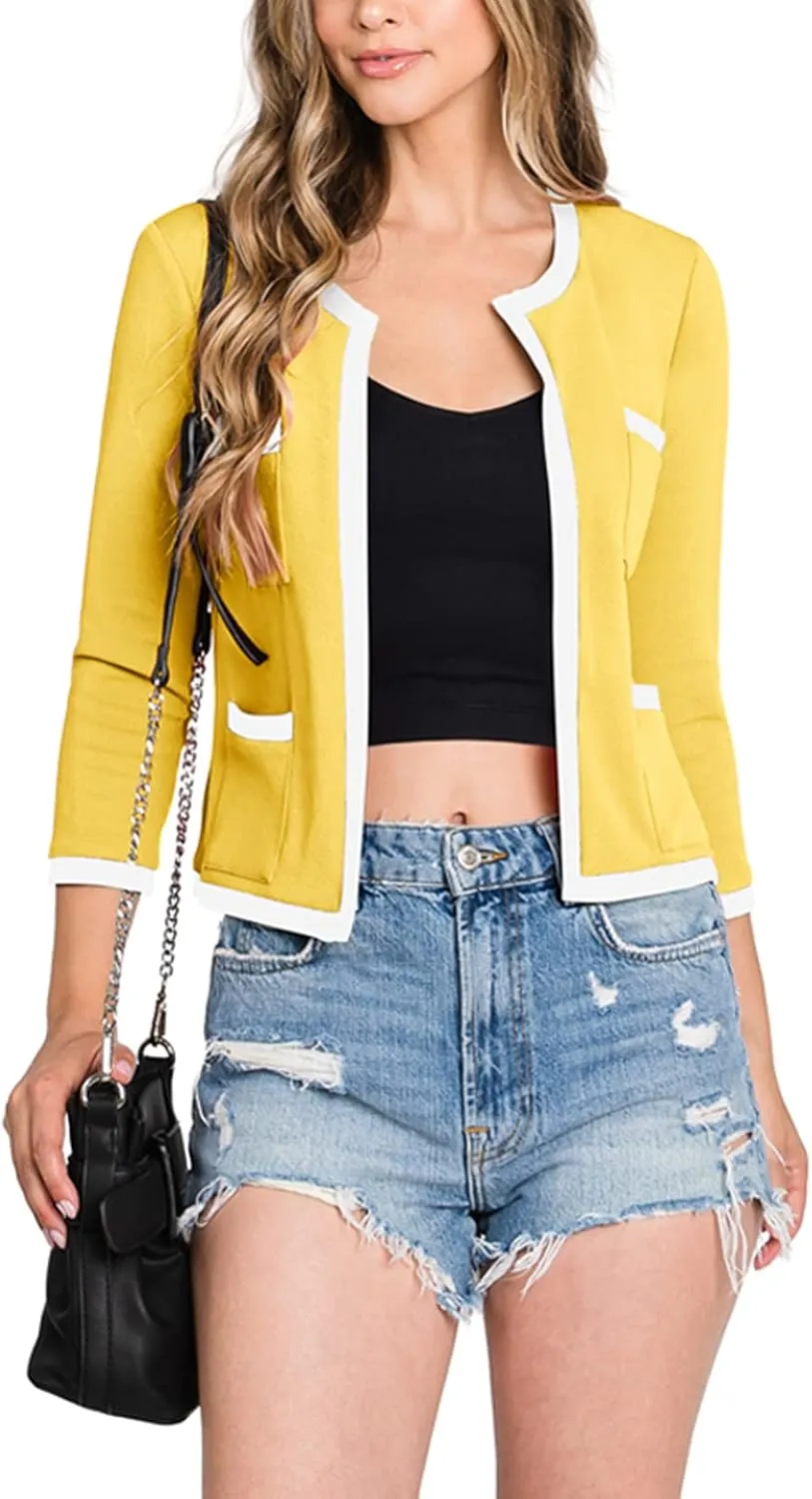 DOUBLJU Casual Open Front Crop Blazers 3/4 Sleeve Round Neck Formal Cropped Jackets for Womens with Plus Size Business Work