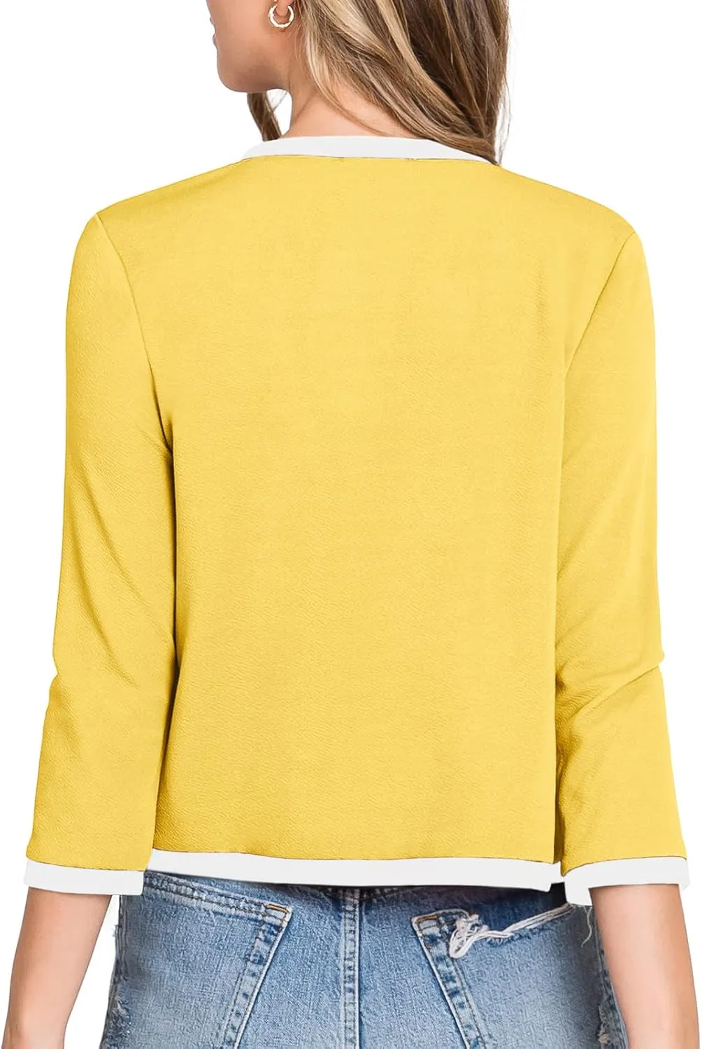 DOUBLJU Casual Open Front Crop Blazers 3/4 Sleeve Round Neck Formal Cropped Jackets for Womens with Plus Size Business Work