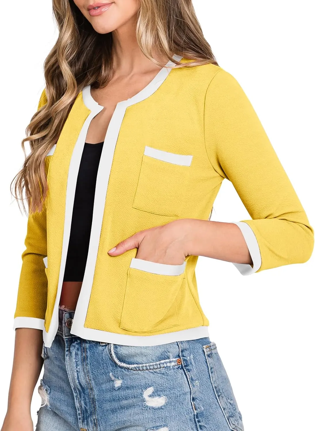 DOUBLJU Casual Open Front Crop Blazers 3/4 Sleeve Round Neck Formal Cropped Jackets for Womens with Plus Size Business Work