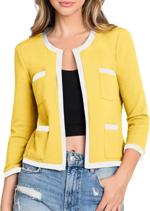 DOUBLJU Casual Open Front Crop Blazers 3/4 Sleeve Round Neck Formal Cropped Jackets for Womens with Plus Size Business Work