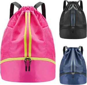 Drawstring fitness bag, waterproof bag with shoe compartment, perfect for football, basketball, swimming sports, men's and women's large pink