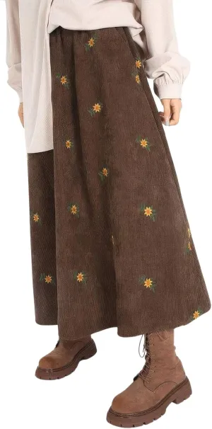 ebossy Women Cute Embroidery Floral Corduroy Skirts Elastic Waist Flared A-Line Flowy Swing Maxi Skirt with Pockets