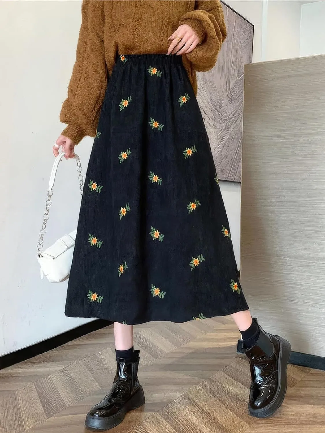 ebossy Women Cute Embroidery Floral Corduroy Skirts Elastic Waist Flared A-Line Flowy Swing Maxi Skirt with Pockets