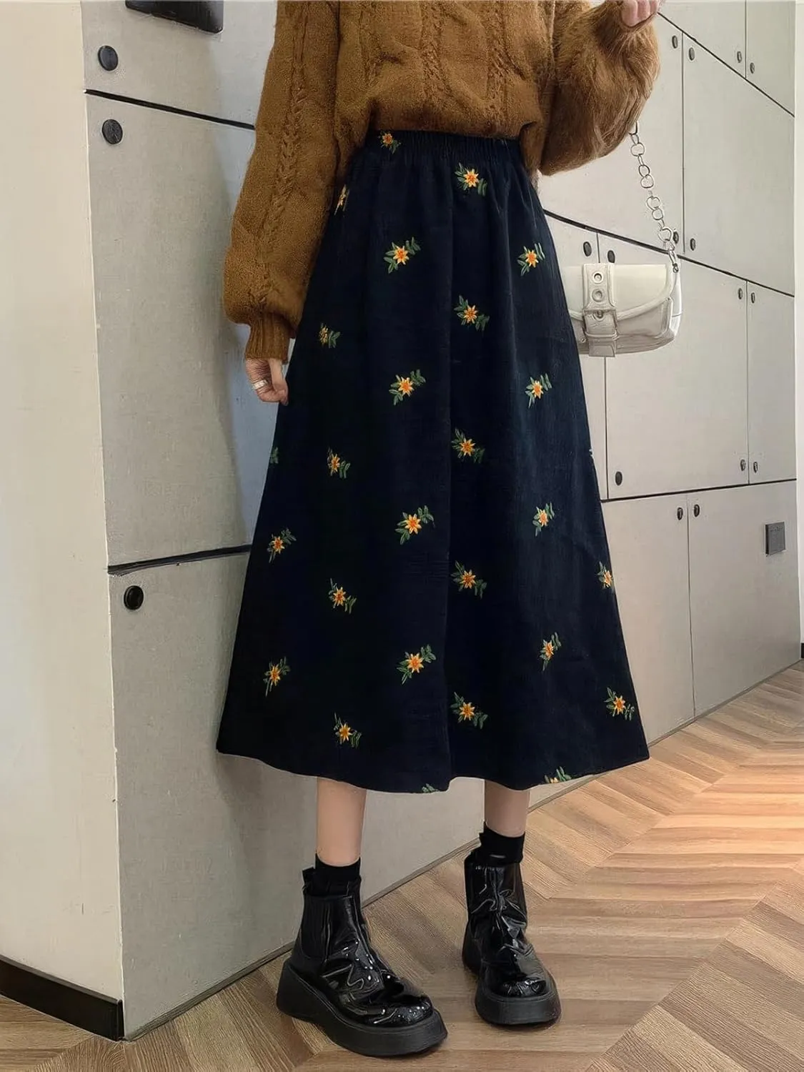 ebossy Women Cute Embroidery Floral Corduroy Skirts Elastic Waist Flared A-Line Flowy Swing Maxi Skirt with Pockets