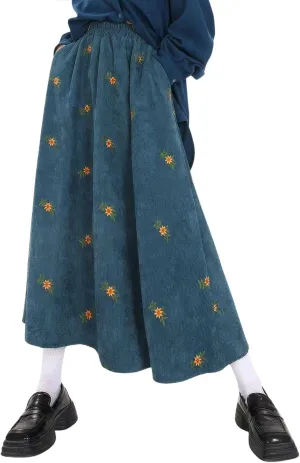 ebossy Women Cute Embroidery Floral Corduroy Skirts Elastic Waist Flared A-Line Flowy Swing Maxi Skirt with Pockets