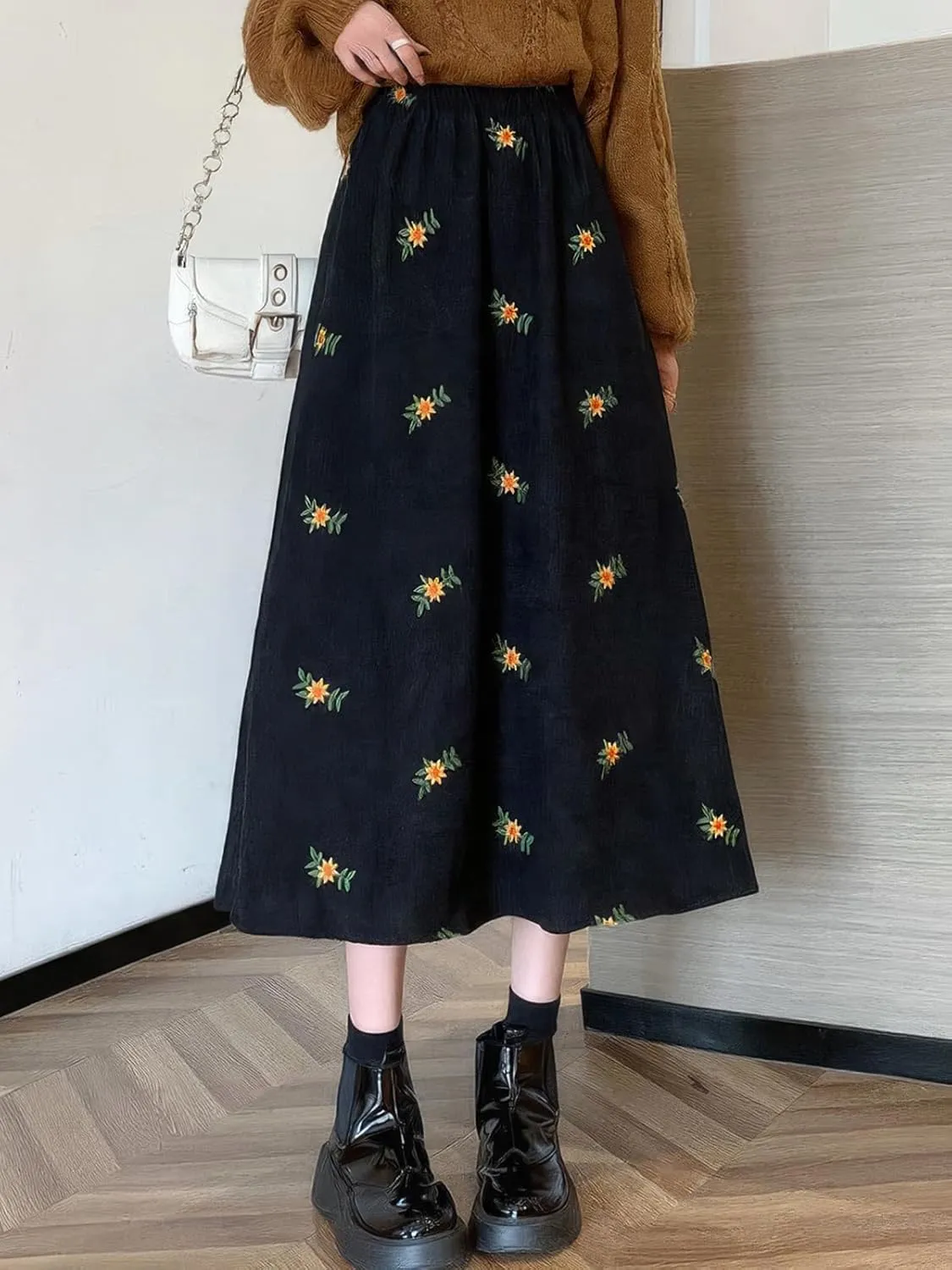 ebossy Women Cute Embroidery Floral Corduroy Skirts Elastic Waist Flared A-Line Flowy Swing Maxi Skirt with Pockets