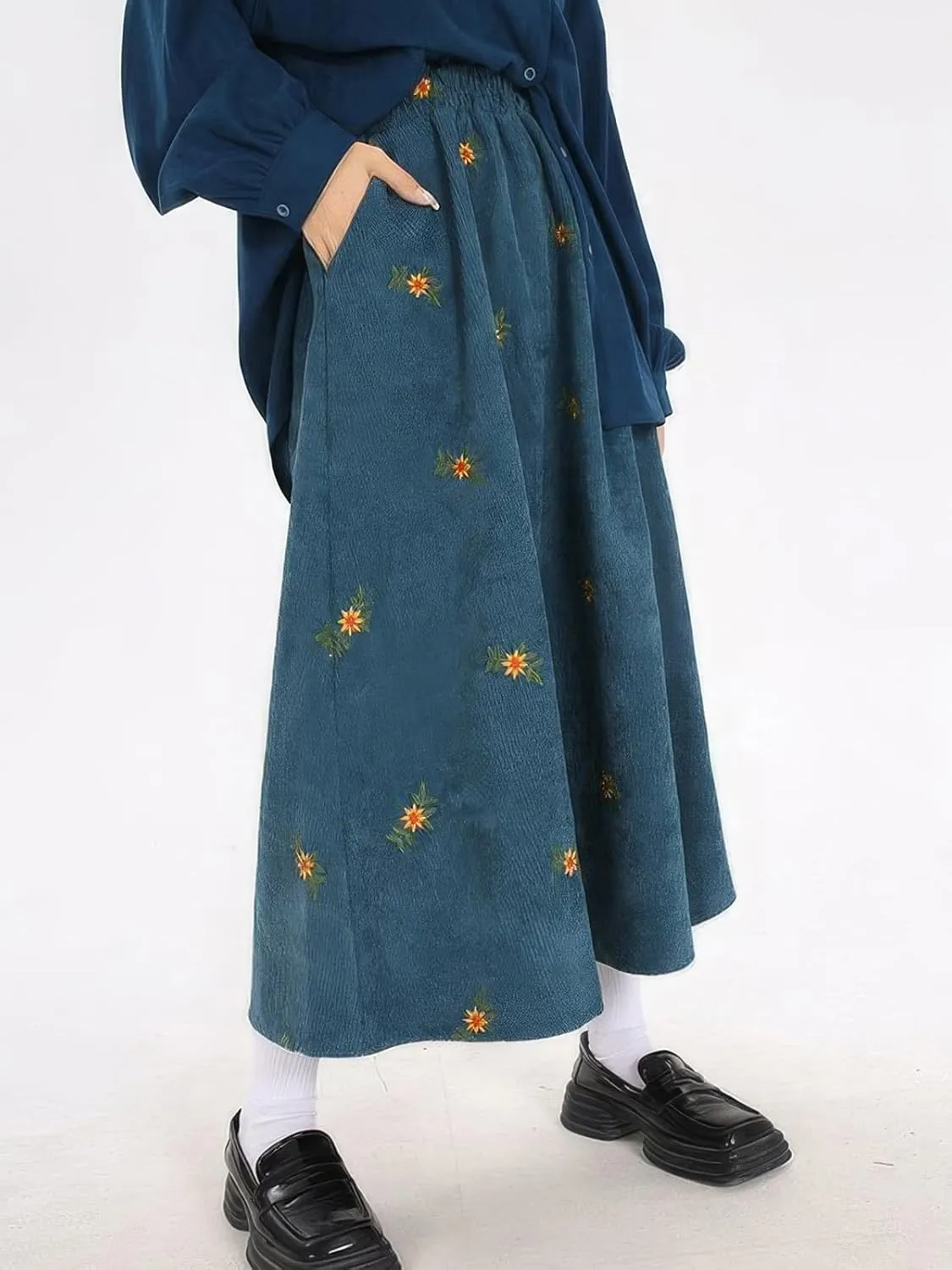 ebossy Women Cute Embroidery Floral Corduroy Skirts Elastic Waist Flared A-Line Flowy Swing Maxi Skirt with Pockets