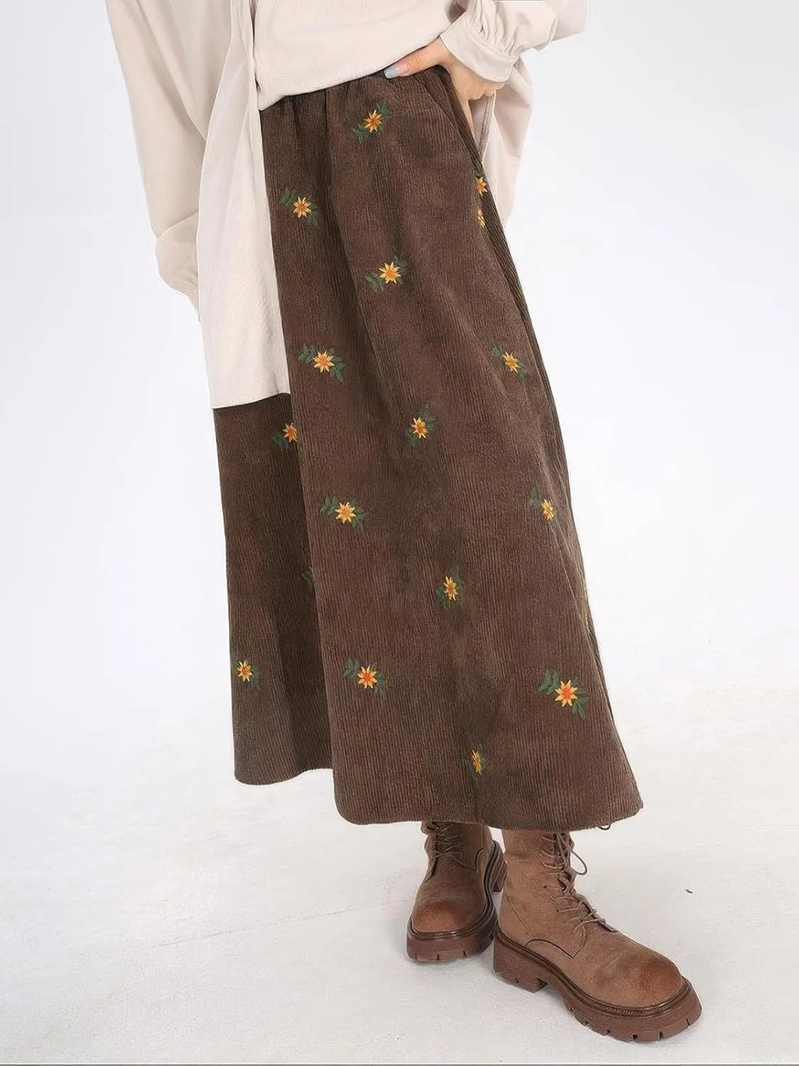 ebossy Women Cute Embroidery Floral Corduroy Skirts Elastic Waist Flared A-Line Flowy Swing Maxi Skirt with Pockets