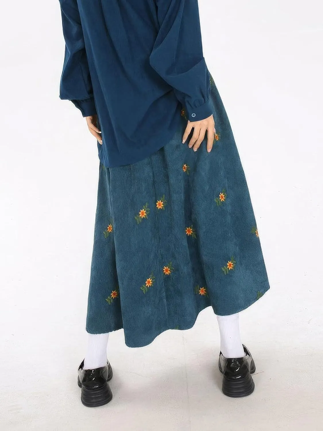 ebossy Women Cute Embroidery Floral Corduroy Skirts Elastic Waist Flared A-Line Flowy Swing Maxi Skirt with Pockets
