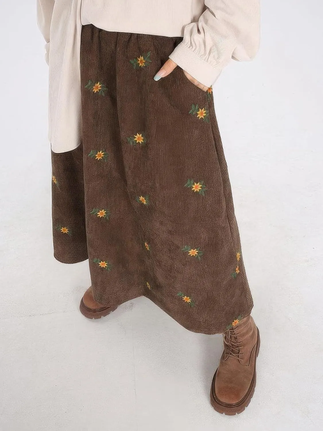 ebossy Women Cute Embroidery Floral Corduroy Skirts Elastic Waist Flared A-Line Flowy Swing Maxi Skirt with Pockets