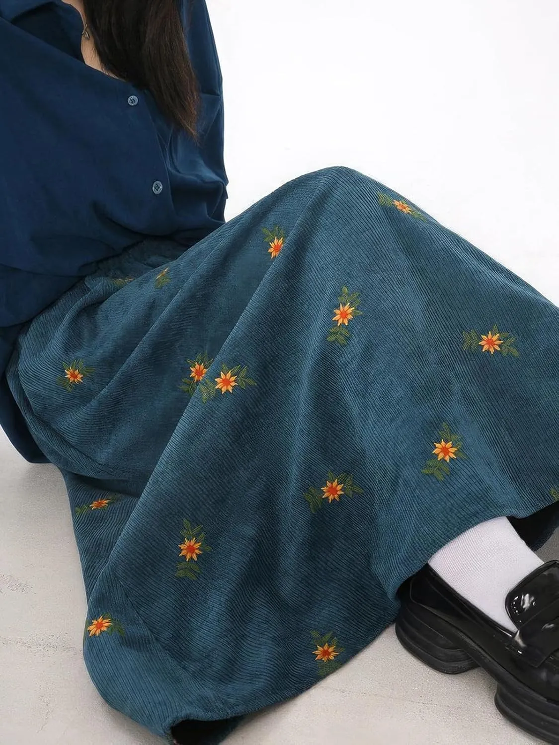 ebossy Women Cute Embroidery Floral Corduroy Skirts Elastic Waist Flared A-Line Flowy Swing Maxi Skirt with Pockets
