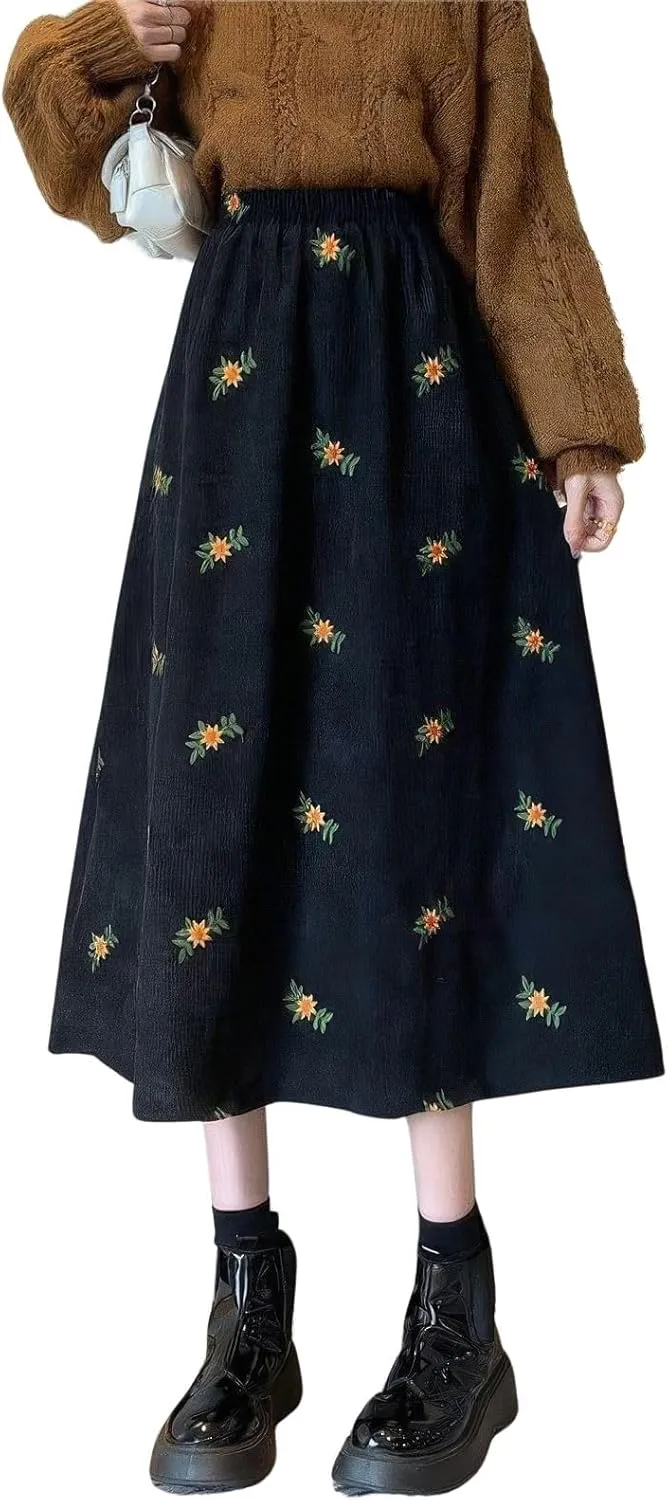 ebossy Women Cute Embroidery Floral Corduroy Skirts Elastic Waist Flared A-Line Flowy Swing Maxi Skirt with Pockets