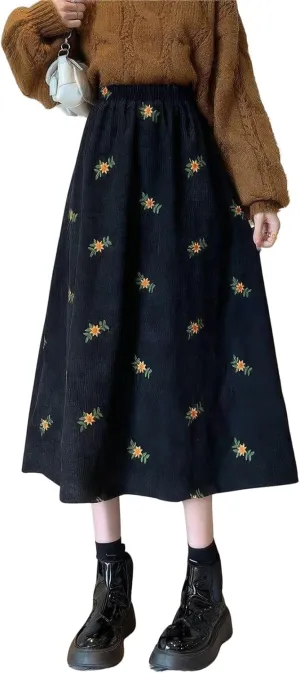ebossy Women Cute Embroidery Floral Corduroy Skirts Elastic Waist Flared A-Line Flowy Swing Maxi Skirt with Pockets