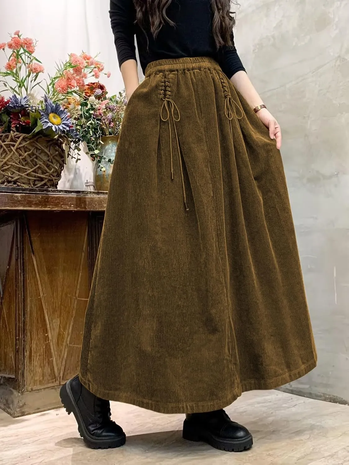ebossy Women's Corduroy Maxi Skirt Elastic High Waist Drawstring Tie Front A-Line Pleated Long Skirt with Pockets