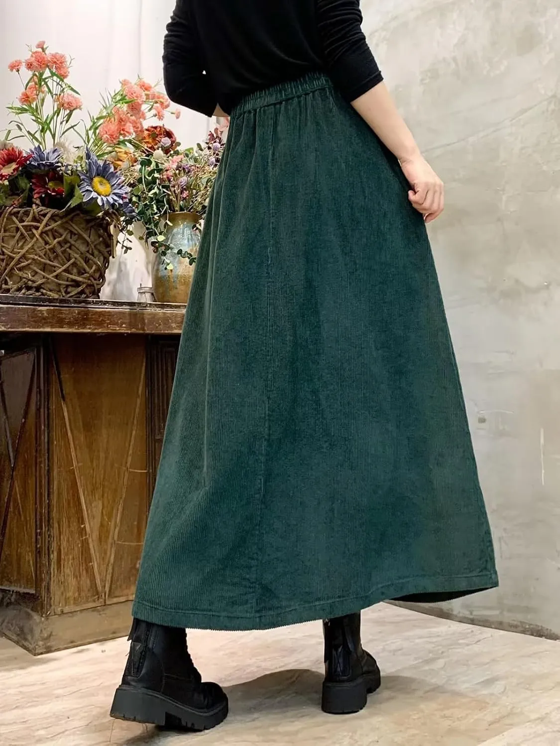 ebossy Women's Corduroy Maxi Skirt Elastic High Waist Drawstring Tie Front A-Line Pleated Long Skirt with Pockets