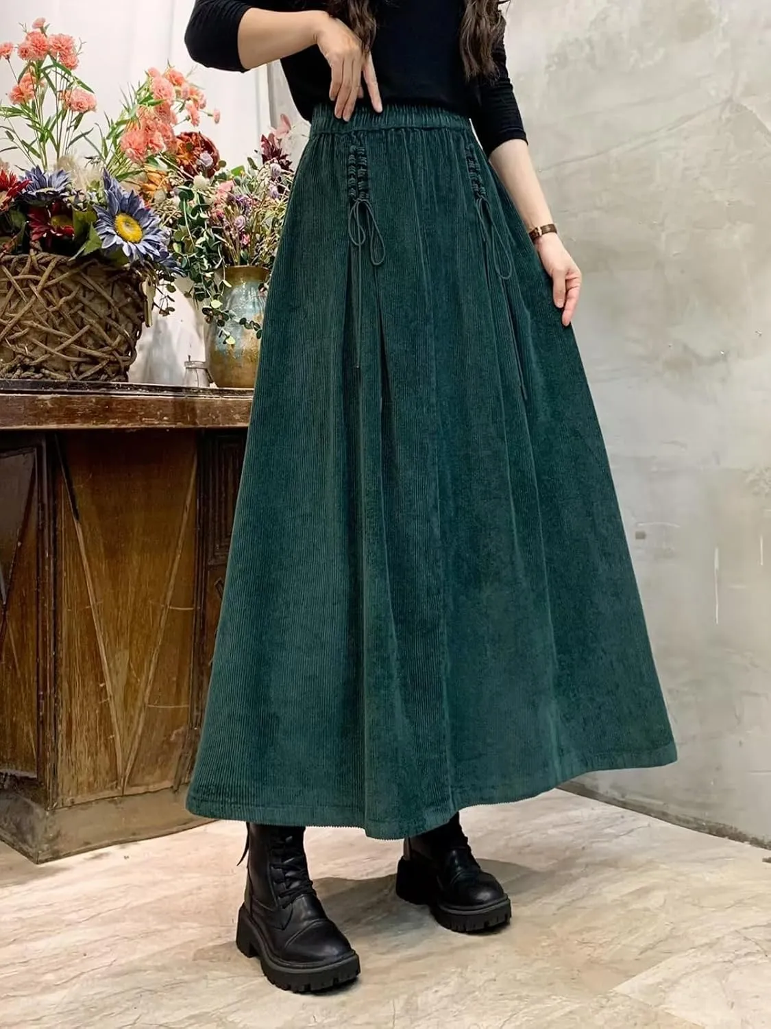 ebossy Women's Corduroy Maxi Skirt Elastic High Waist Drawstring Tie Front A-Line Pleated Long Skirt with Pockets