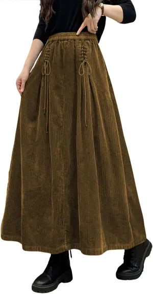 ebossy Women's Corduroy Maxi Skirt Elastic High Waist Drawstring Tie Front A-Line Pleated Long Skirt with Pockets