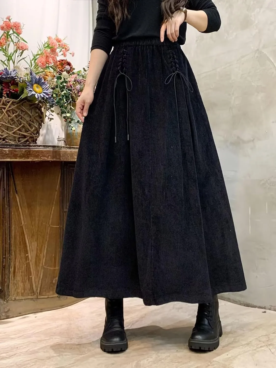 ebossy Women's Corduroy Maxi Skirt Elastic High Waist Drawstring Tie Front A-Line Pleated Long Skirt with Pockets