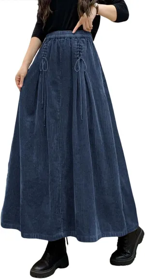 ebossy Women's Corduroy Maxi Skirt Elastic High Waist Drawstring Tie Front A-Line Pleated Long Skirt with Pockets
