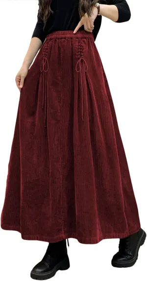 ebossy Women's Corduroy Maxi Skirt Elastic High Waist Drawstring Tie Front A-Line Pleated Long Skirt with Pockets