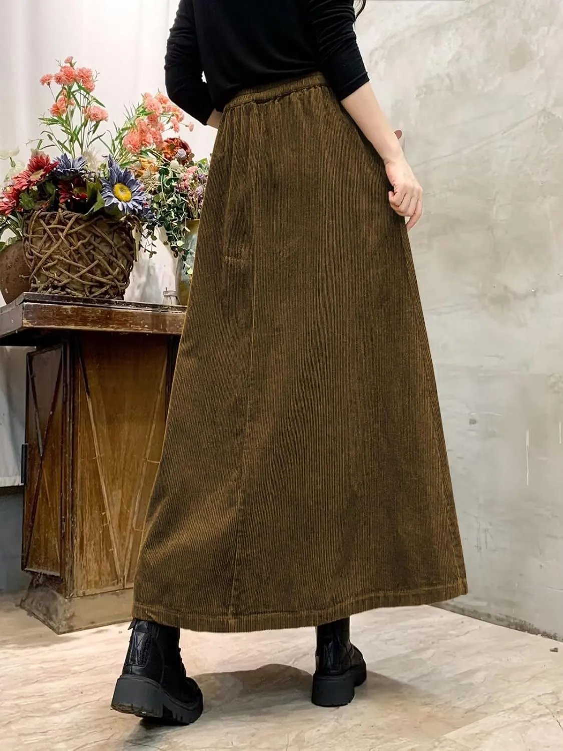 ebossy Women's Corduroy Maxi Skirt Elastic High Waist Drawstring Tie Front A-Line Pleated Long Skirt with Pockets