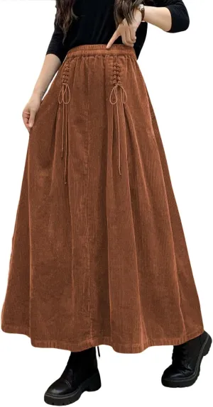 ebossy Women's Corduroy Maxi Skirt Elastic High Waist Drawstring Tie Front A-Line Pleated Long Skirt with Pockets