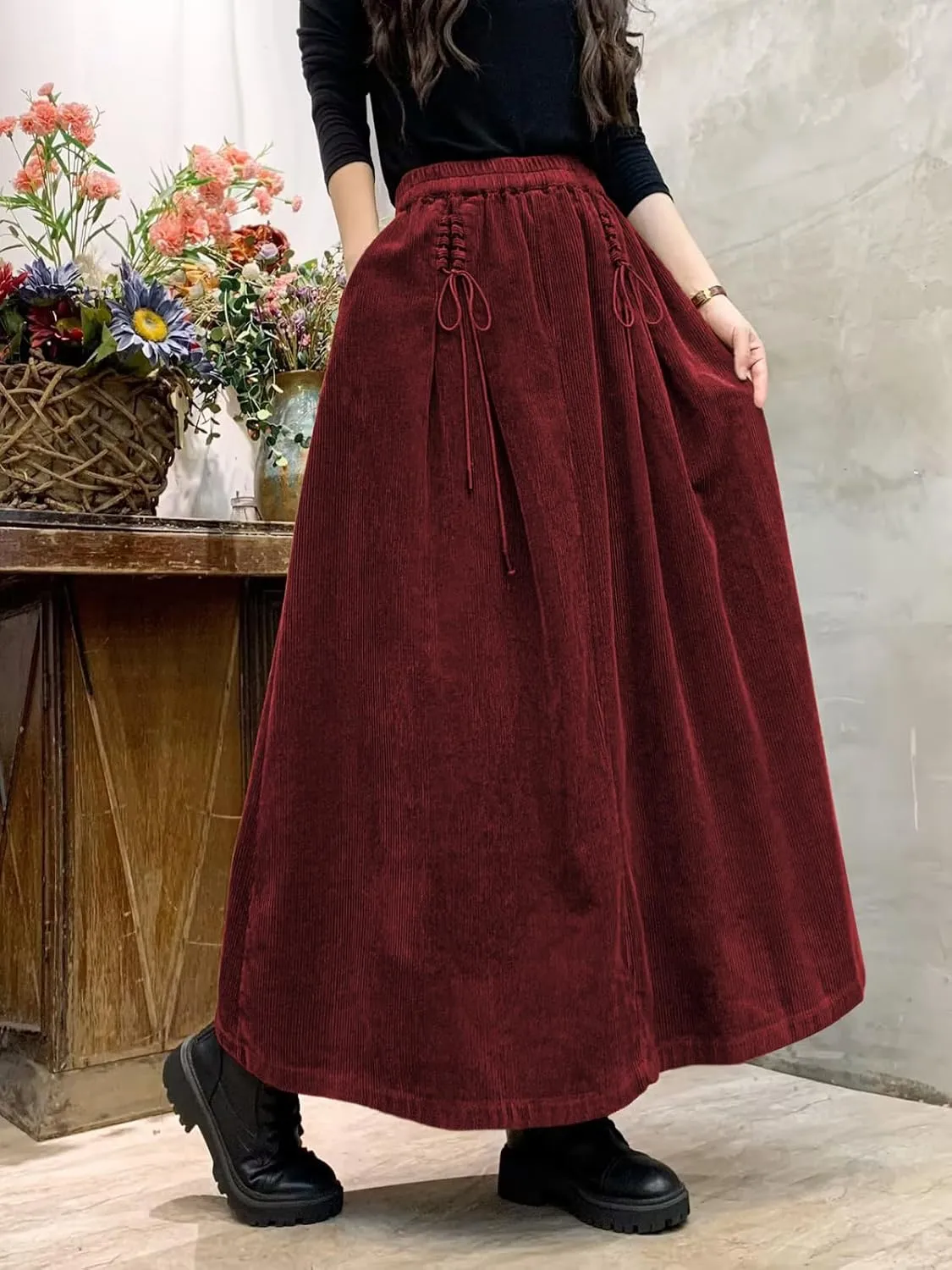 ebossy Women's Corduroy Maxi Skirt Elastic High Waist Drawstring Tie Front A-Line Pleated Long Skirt with Pockets
