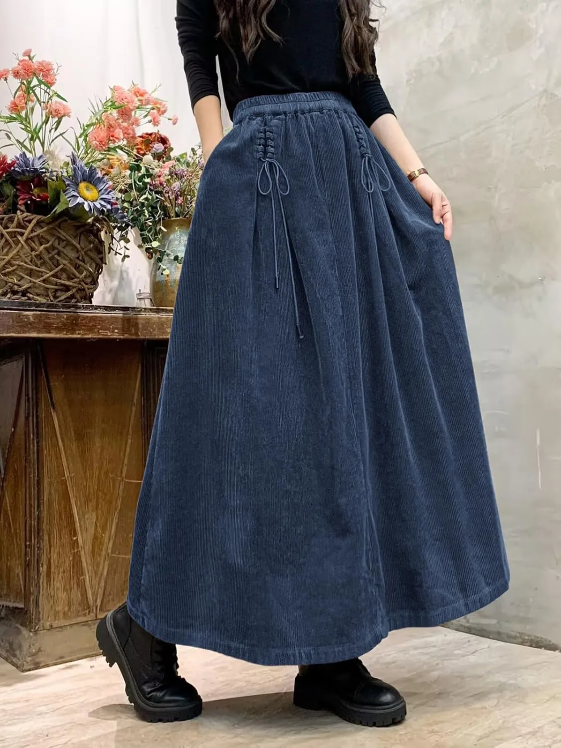 ebossy Women's Corduroy Maxi Skirt Elastic High Waist Drawstring Tie Front A-Line Pleated Long Skirt with Pockets