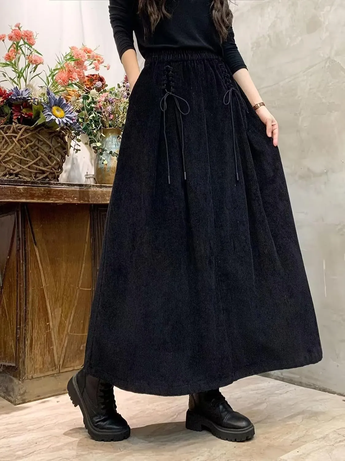 ebossy Women's Corduroy Maxi Skirt Elastic High Waist Drawstring Tie Front A-Line Pleated Long Skirt with Pockets