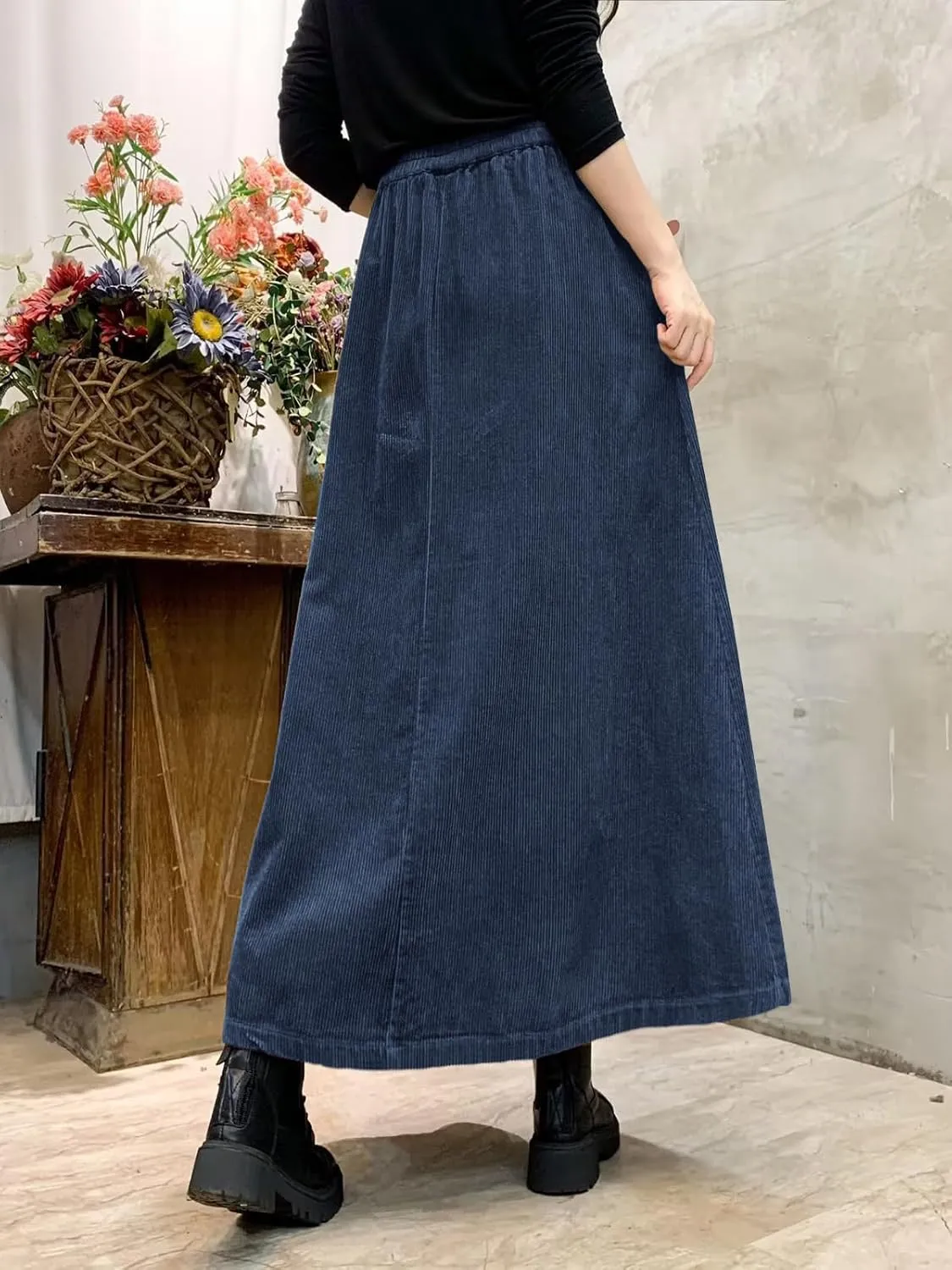 ebossy Women's Corduroy Maxi Skirt Elastic High Waist Drawstring Tie Front A-Line Pleated Long Skirt with Pockets