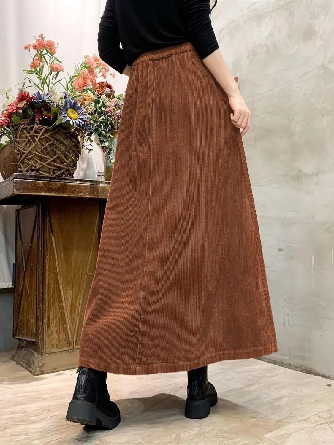 ebossy Women's Corduroy Maxi Skirt Elastic High Waist Drawstring Tie Front A-Line Pleated Long Skirt with Pockets