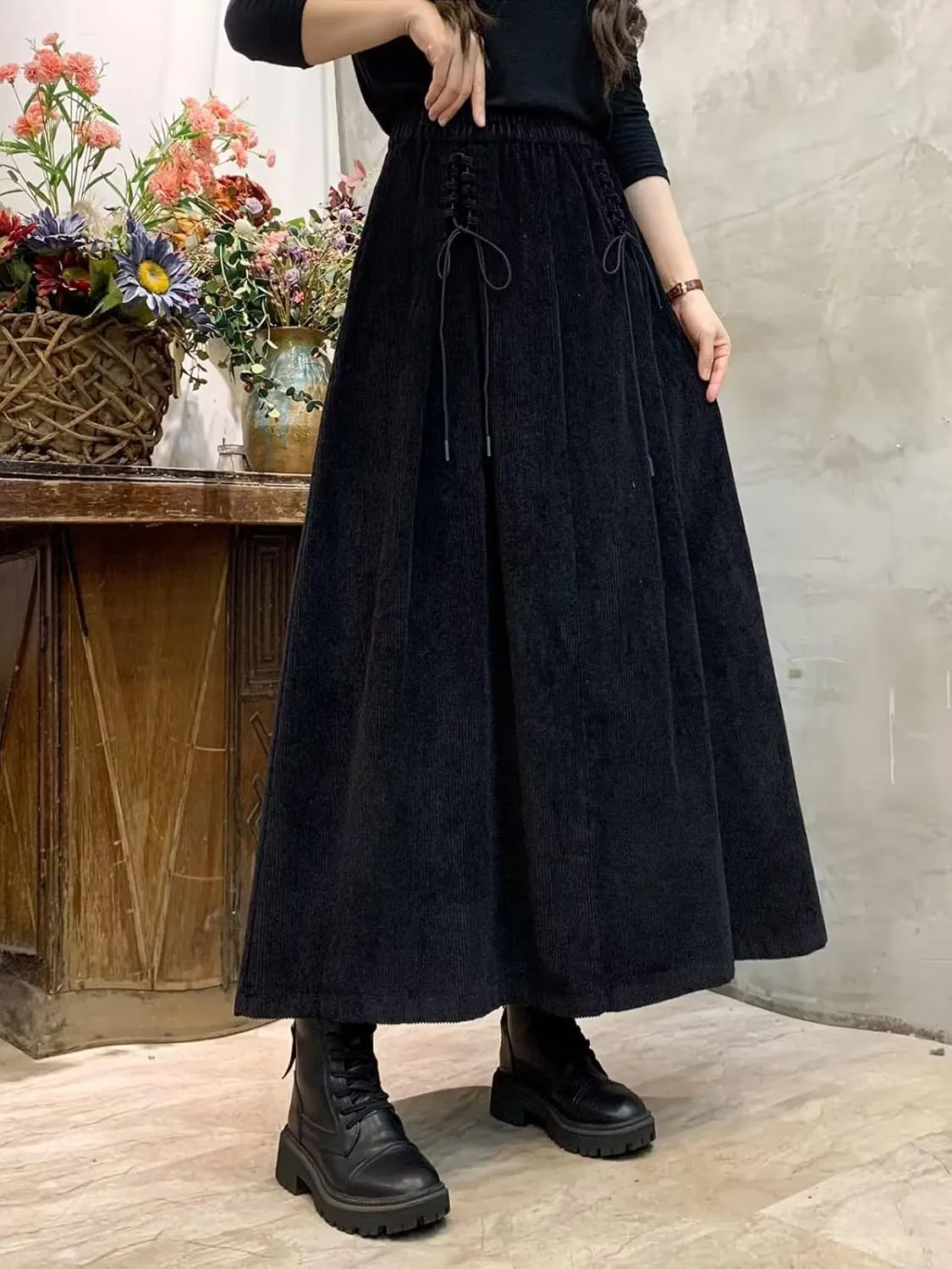 ebossy Women's Corduroy Maxi Skirt Elastic High Waist Drawstring Tie Front A-Line Pleated Long Skirt with Pockets
