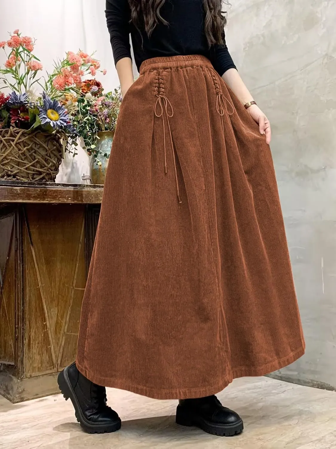 ebossy Women's Corduroy Maxi Skirt Elastic High Waist Drawstring Tie Front A-Line Pleated Long Skirt with Pockets