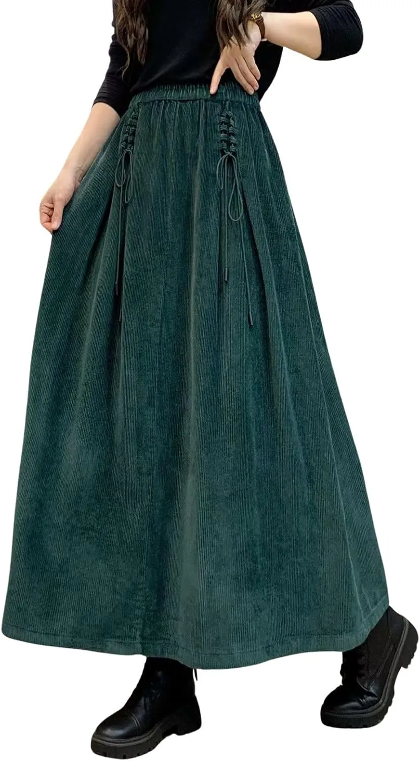 ebossy Women's Corduroy Maxi Skirt Elastic High Waist Drawstring Tie Front A-Line Pleated Long Skirt with Pockets